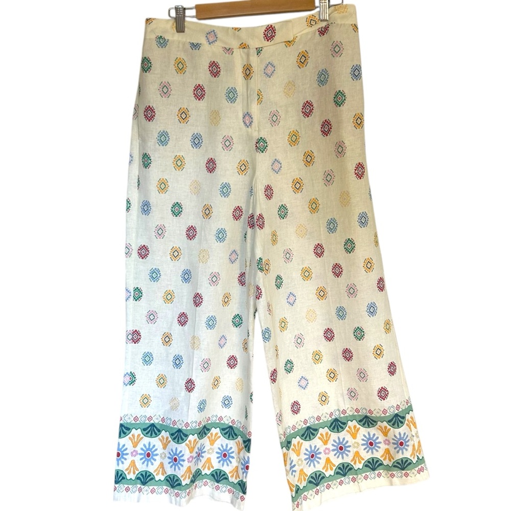 EUC-Women's Cream Printed Wide-Leg Pants